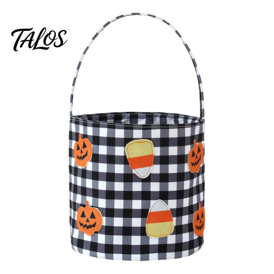 Autumn Theme Decor Halloween Bucket, Trick or Treat Basket for Kids Boys Girls, Plaid Pumpkin Goodie Bags Bat Ghost Candy Tote Bag with Handle