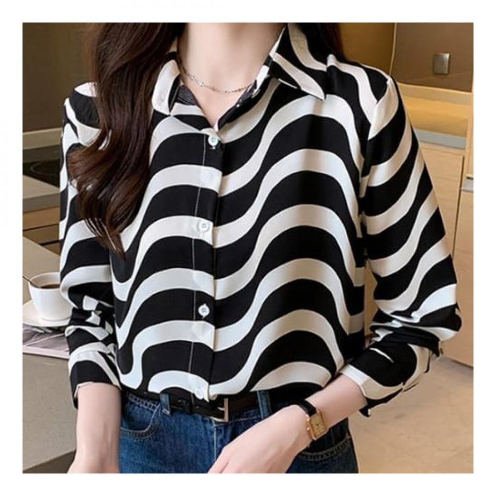 Navava Women Wave Pattern Stripe Long Sleeve Polo Shirt Nb1854