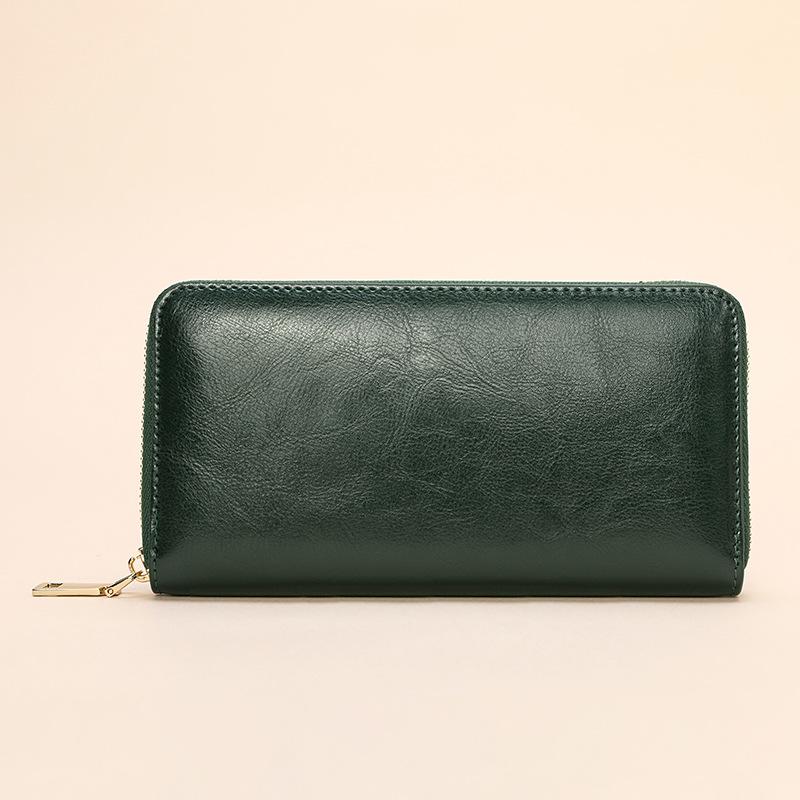 New Oil Wax Pattern Cowhide Women's Zipper Wallet Long Leather Large Capacity Handbag