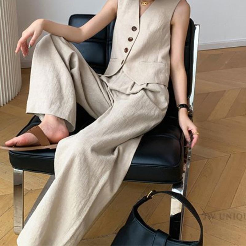 Trendiges ärmelloses Weste & Hose mit weitem Bein Set - Damen Sommer Koreanischer Stil