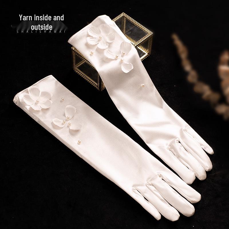 2024 Bridal Long White Satin Gloves with Pearls & Floral Design