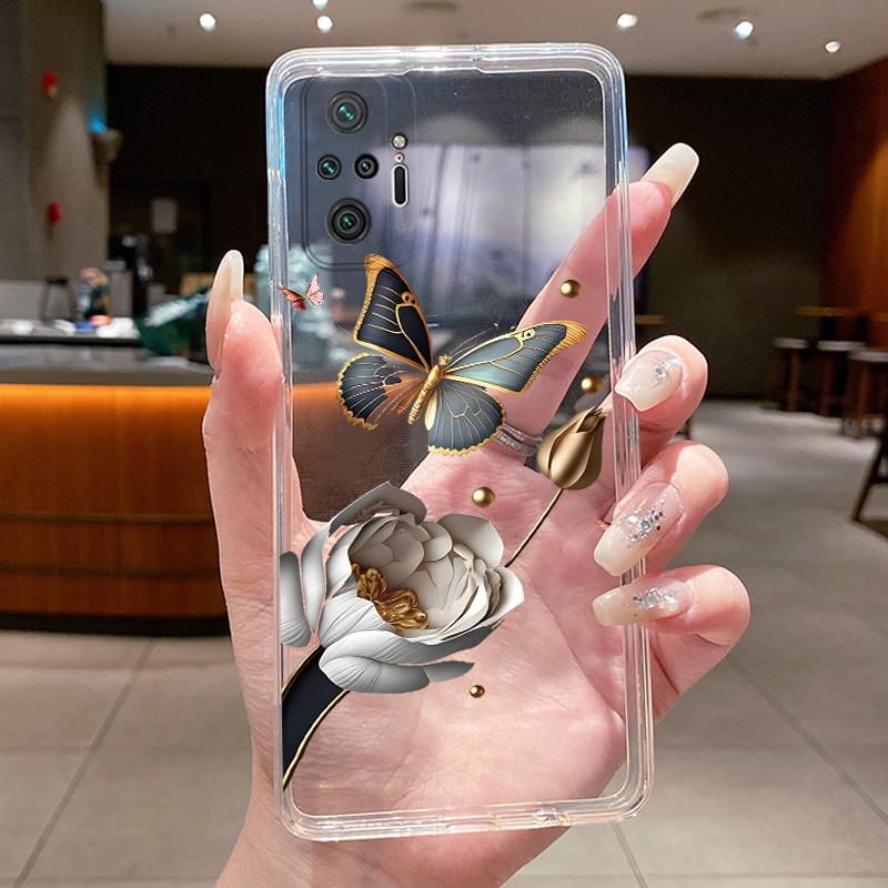 For Xiaomi Redmi Note 10 Pro / Note10 / Note 10S / Poco M5S Case Clear Luxury Butterfly Flower Transparent Soft TPU Phone Cover