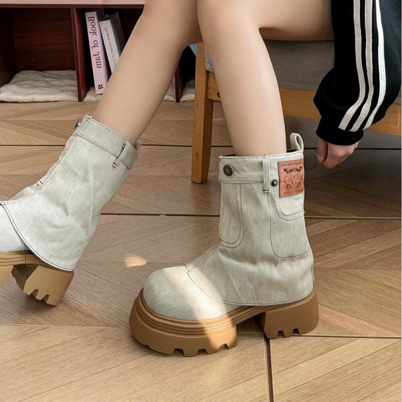 Inner Heightening Western Cowboy Boots Women's 2025 New Thick-soled Short Trouser Boots Retro Denim Old Martin Boots