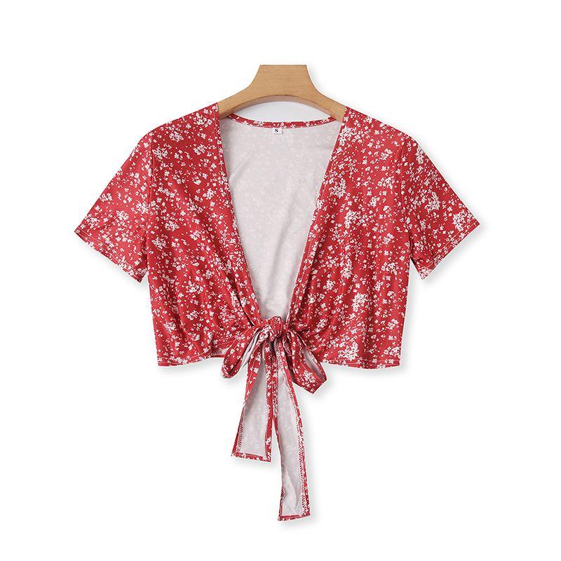 

Цветочный короткий кейп с завязками на шее, летняя новинка, шаль с короткими рукавами, легко сочетается, подчеркивает фигуру, верхняя одежда, блузка-смок 17443 Red and white flowers M