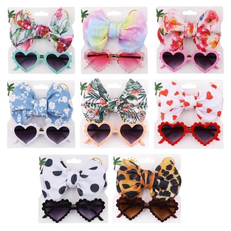 Multi-style Baby Sunglasses Headband Set Hearted Shaped Sunglasses & Bow Headband for Baby Girls Summer Outdoor Gift
