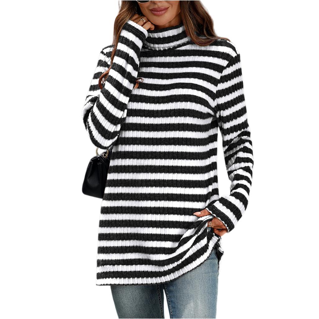 Women's Fashion Casual Striped High Neck Loose Long Sleeve Casual Pullover Top