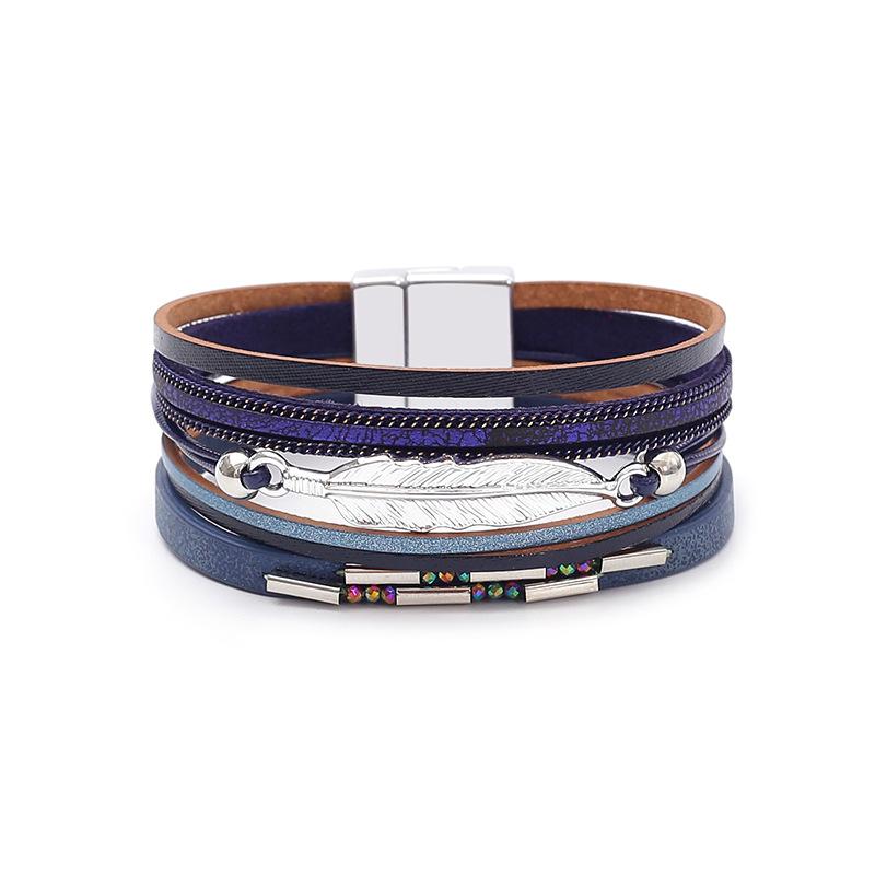 Bohemian Style Multi-layer PU Leather Bracelet Women's Leaf Magnet Buckle Jewelry Accessories
