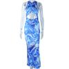 European and American Style Hollow Tight Dress with Round Neck and Exposed Backpack Buttocks, One Step Long Skirt with Printed Vacation Style Skirt