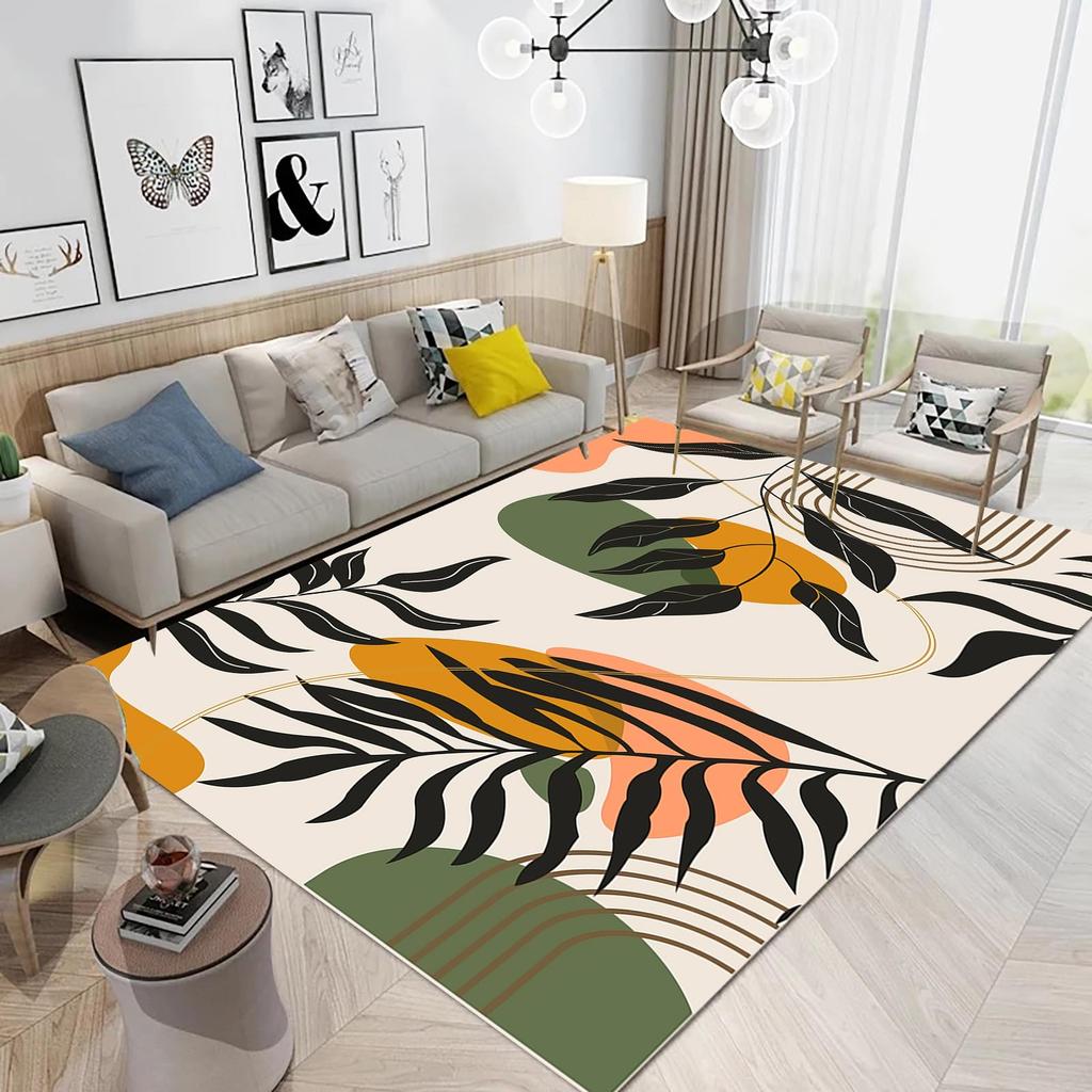 Boho Mid Century Style Area Rug Modern Plant Leaves Carpet Non Slip Abstract Art Floor Mat for Living Room Bathroom Office Decor