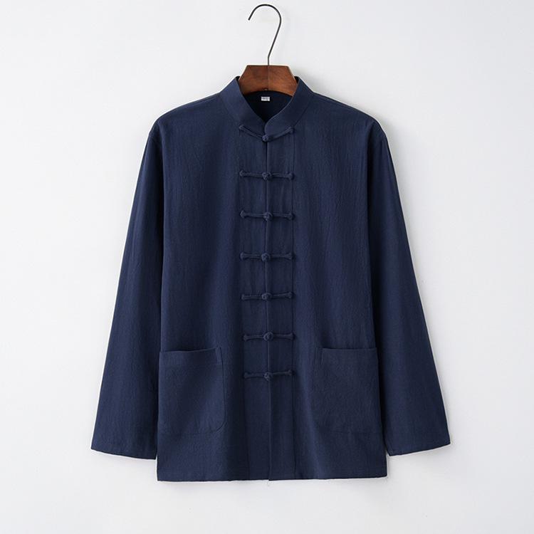 Men’s Chinese Cotton Linen Tang Suit Long Sleeve Frog Button Kung Fu Shirt - Hanfu Zen Meditation Top for Middle-Aged & Elderly (Spring)
