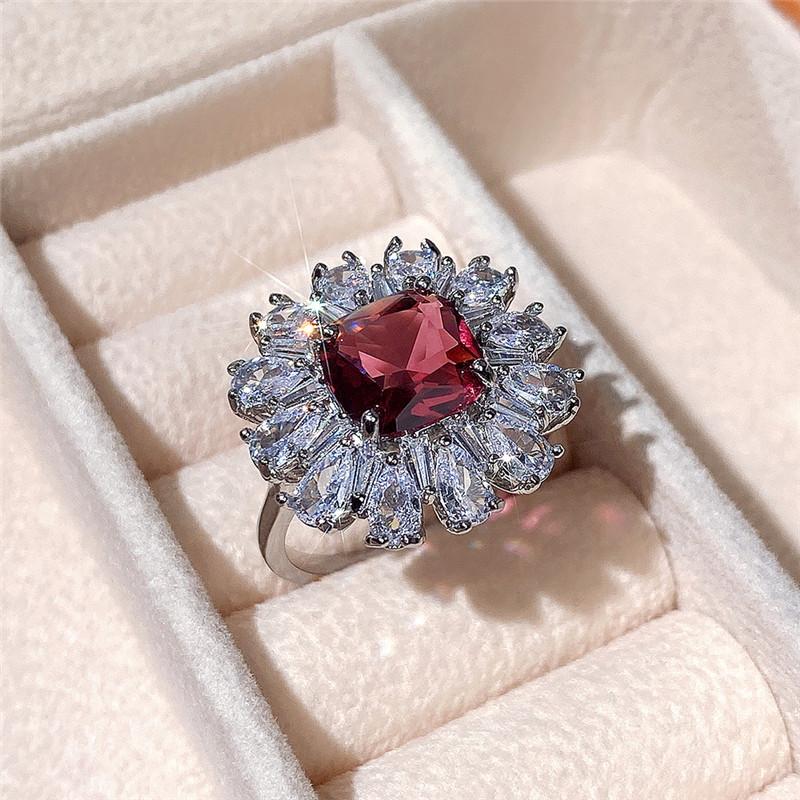 Deluxe Floral Red AAA Cubic Zirconia Gem Ring for Women's Shining Anniversary Party Gift Premium Women's