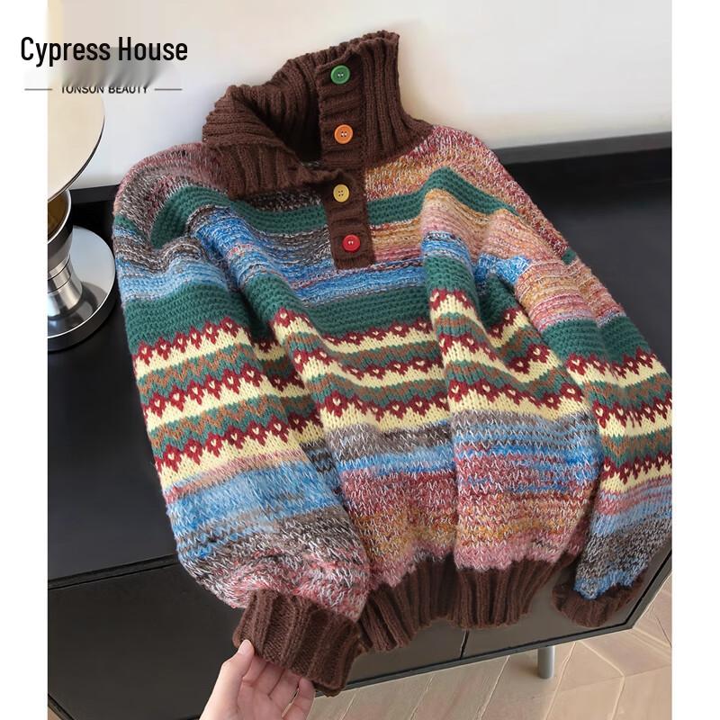 

Women s Striped Turtleneck Loose Knit Sweater One Size