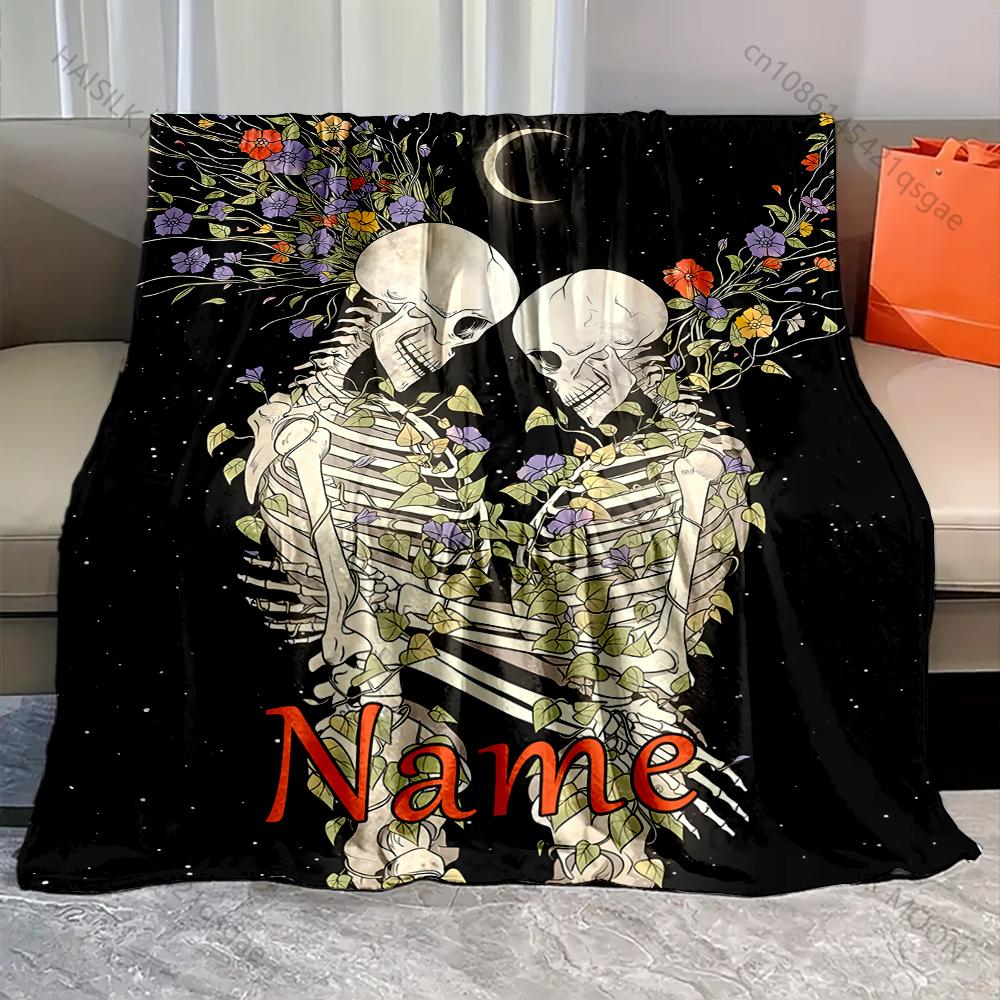 Personalization Custom Name Blanket Skull Couple Flower Print Fluffy Soft Flannel for Home Sofa Travel RV Halloween Gift