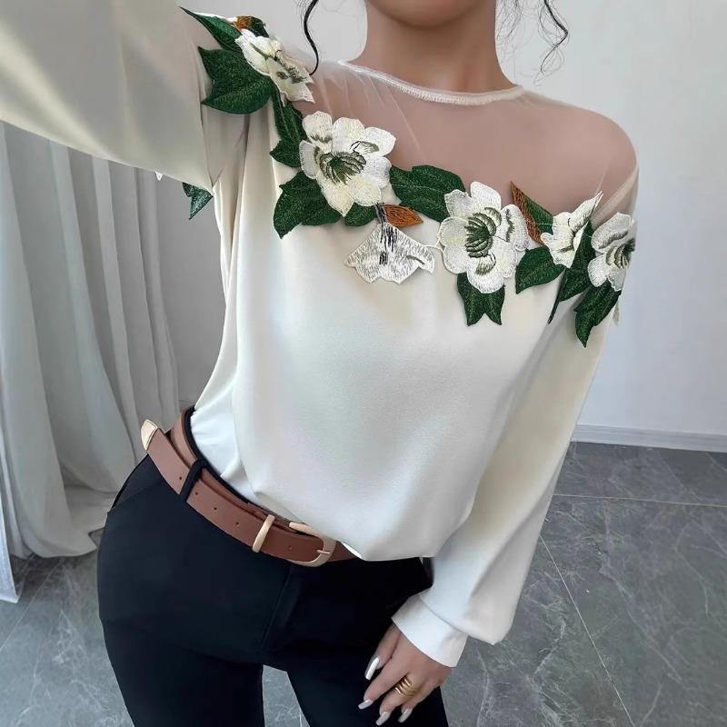 Spring New Shirt Women's Heavy Industry Mesh Splicing Satin Embroidered Top