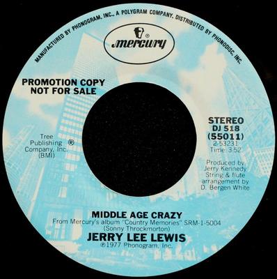 Płyta 7-calowa JERRY LEE LEWIS - Middle Age Crazy DJ518PROMO Mercury 1977 USA Folk Używana