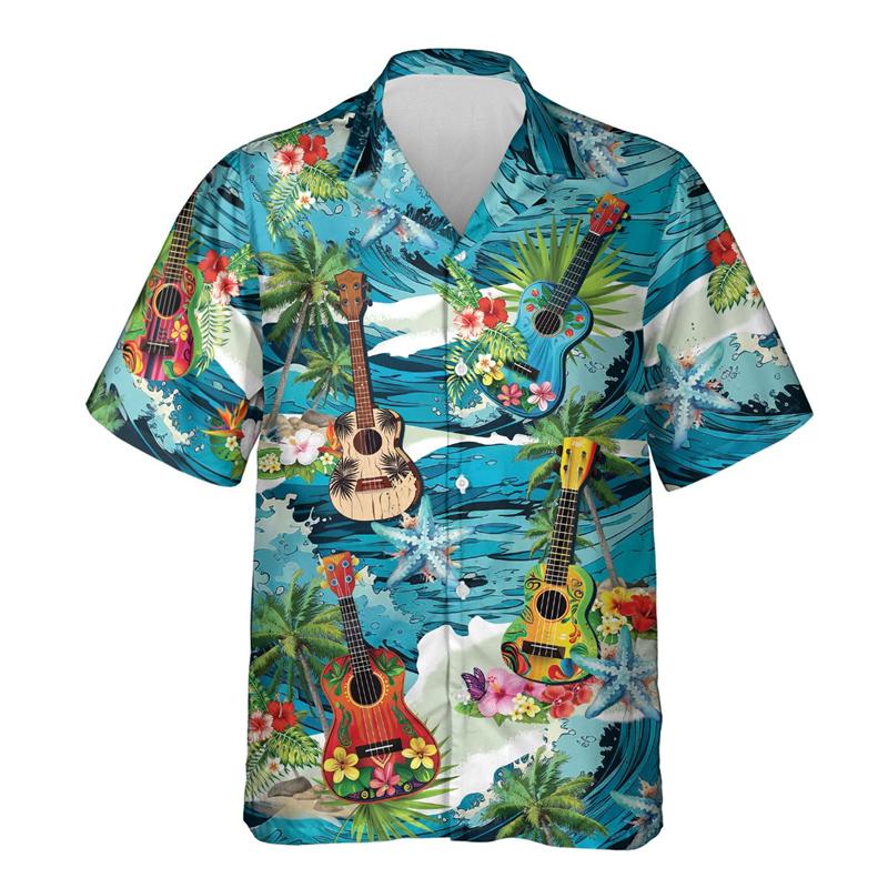 Camicie Grafiche Moda Ukulele da Uomo Abbigliamento Casual Ragazzo Ukelele Camicia da Spiaggia Strumento Uke Hawaiano Cantante Maschile Camicetta con Bavero