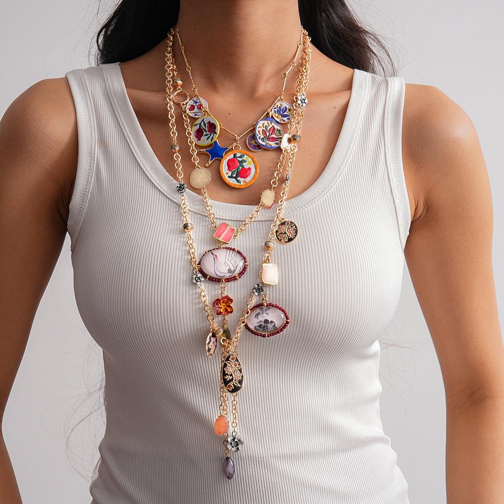 Two-piece Set of Exaggerated Round Oval Resin Stone Glass Fringed Necklace Multi-layer Necklace