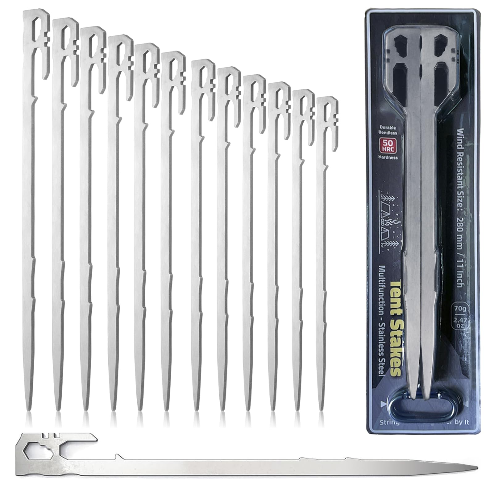 

Fifod Tent Peg Set of 12 Forged Stainless Steel High Corrosion Integrated Setup Mountain Hard Rocky Sandy Beach Stake Peg Set Pegs, 28cm, Peg, 420,