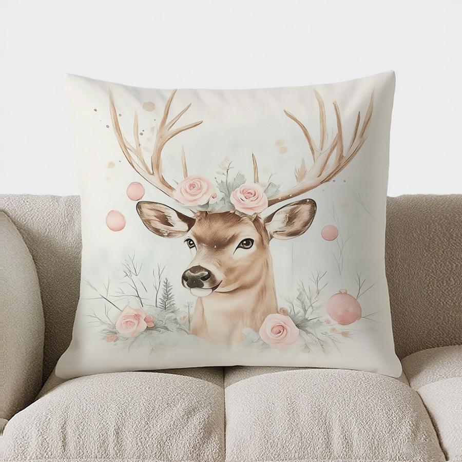 Home Decor Pink Christmas Bells And Pine Branch Pillow Pattern Cushion Cover Suitable For Sofa Bedroom Car Pillow Cover