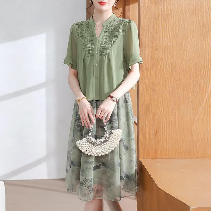 2025 New Women s Summer Floral Faux Two-Piece Midi Dress 4XL