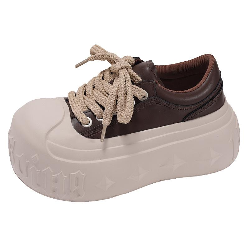 Korean version of platform muffin shoes women's 2025 autumn new big head shell head lace-up small man height increase casual board shoes