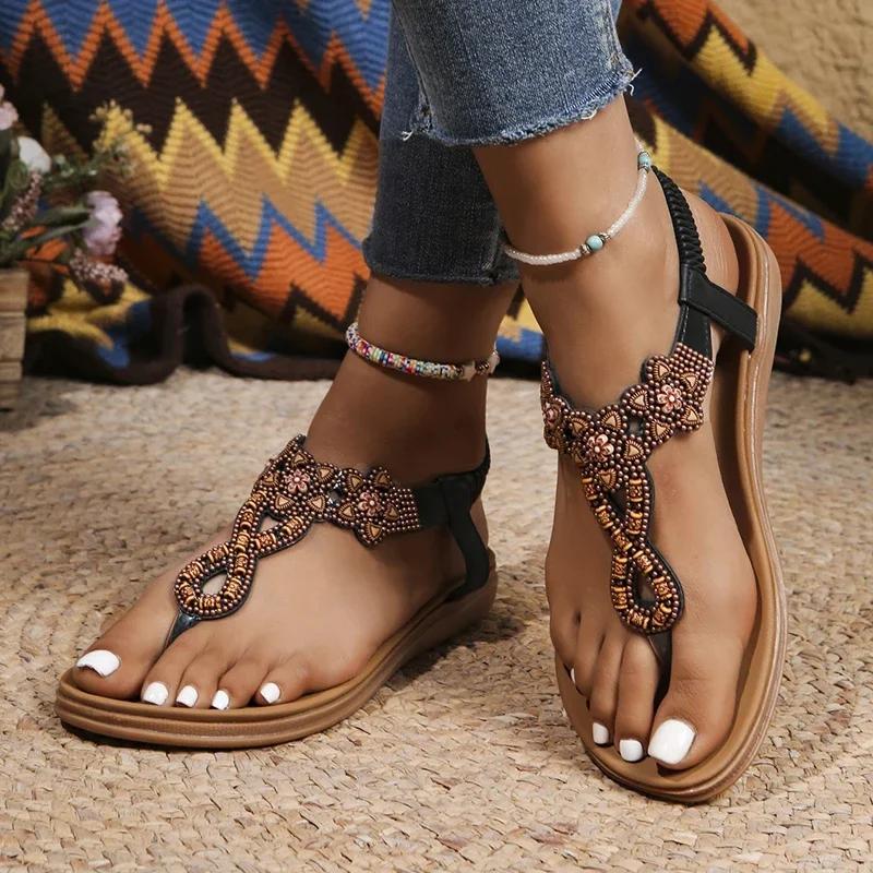 Fashion Women Flat Sandals Bohemian Style Flowers Decor Women Shoes Summer 2025 Clip Toe Non Slip Beach Shoes Plus Size Slip On Sandles