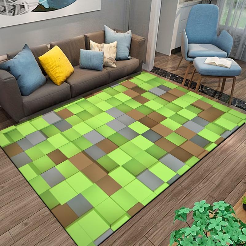 Block Style Green and Brown Carpet Rug for Bedroom or Living Room Suitable for use as an anti-slip for living room bedroom sofas