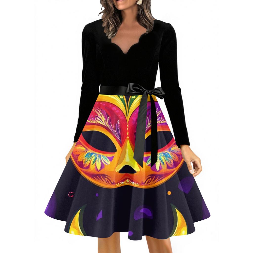 Dámské ležérní módní šaty s výstřihem do V, dlouhým rukávem, s potiskem, vintage, dlouhé