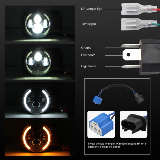 200W 7 Inches LED Headlights Halo Angle Eye Hi/Lo Beam DRL for Jeep Wrangler