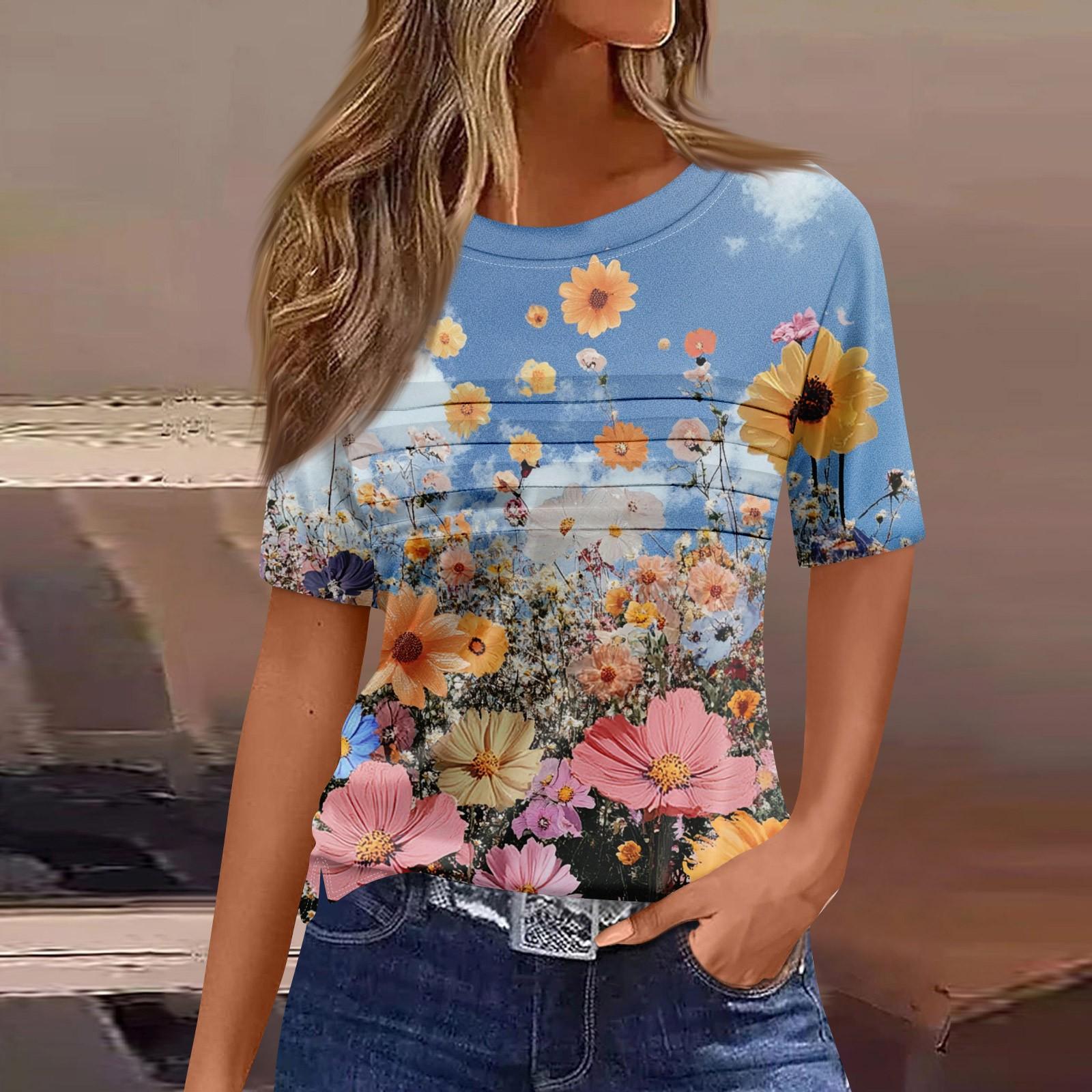 

Женская плиссированная футболка с круглым вырезом и цветочным принтом, короткий рукав, топ с разрезом по низу XL небесно-голубой