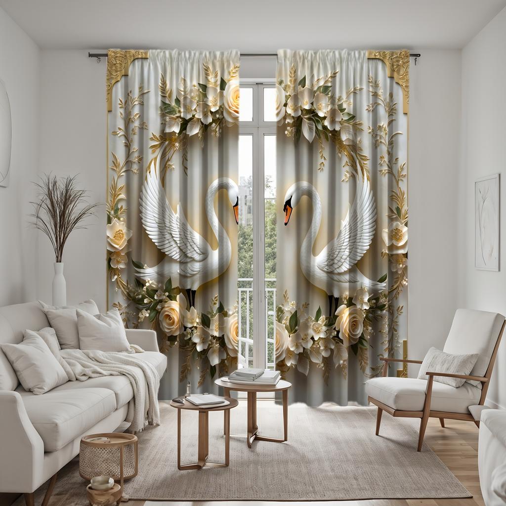 Piece Hd Digital White Tie Beautiful Flower Swan Curtain Home Decoration Style Living Room Bedroom Wear Rod For Made Of Polyester