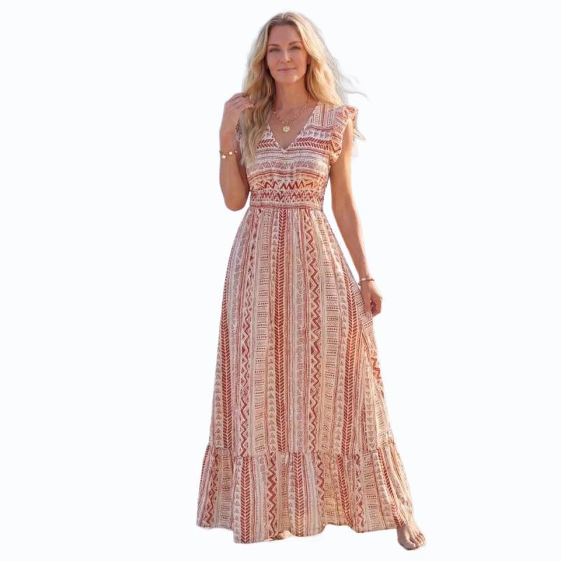 Women's 2026 Summer New Printed Dress for Beach Vacation, Vintage Satin Long Skirt