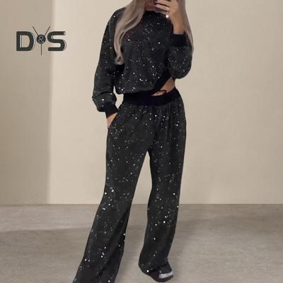 2 Pcs/Set Women Top Pants Suit Sequin Round Neck Long Sleeves with Elastic Cuffs Elastic High Waist Wide Leg Trousers Set Daily Casual Commuting