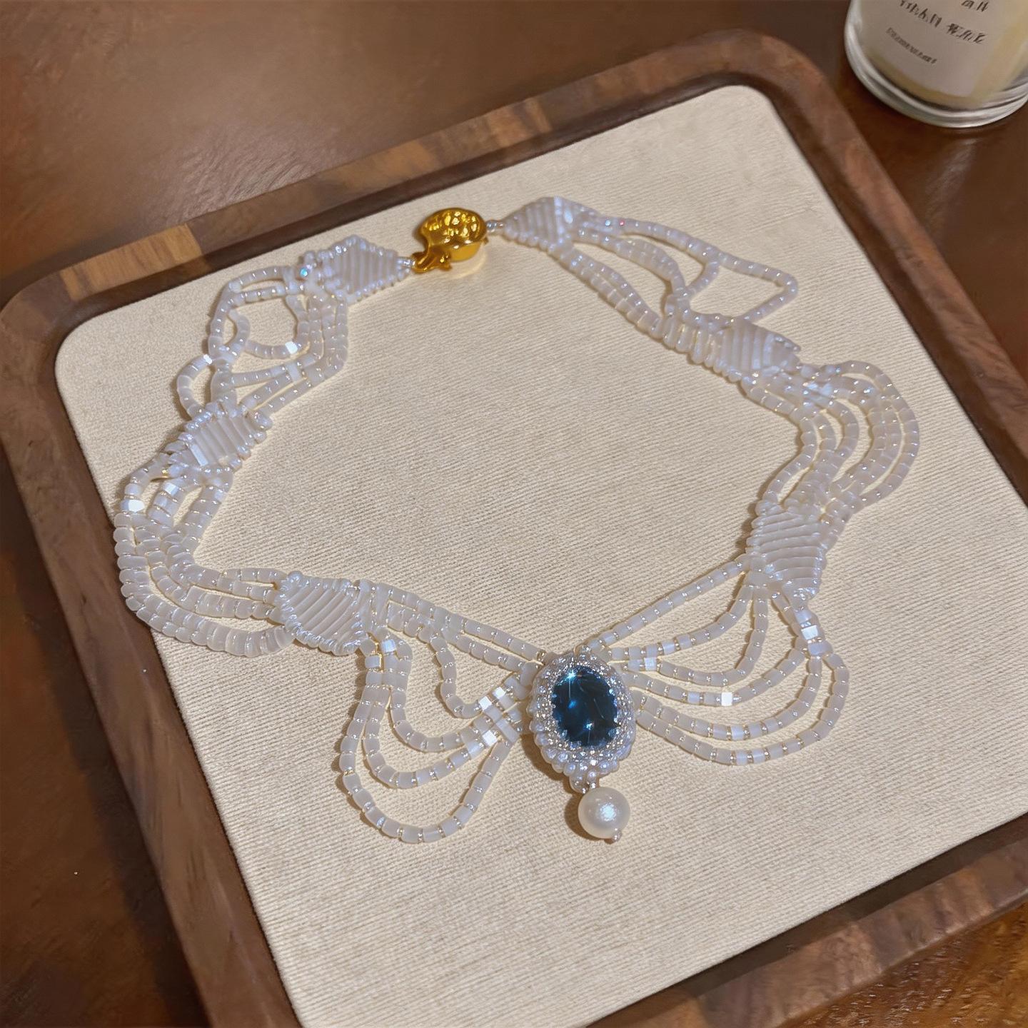 Multi Layer Beaded Lace Resin Pearl Necklace Elegant Retro Women Neck Jewelry