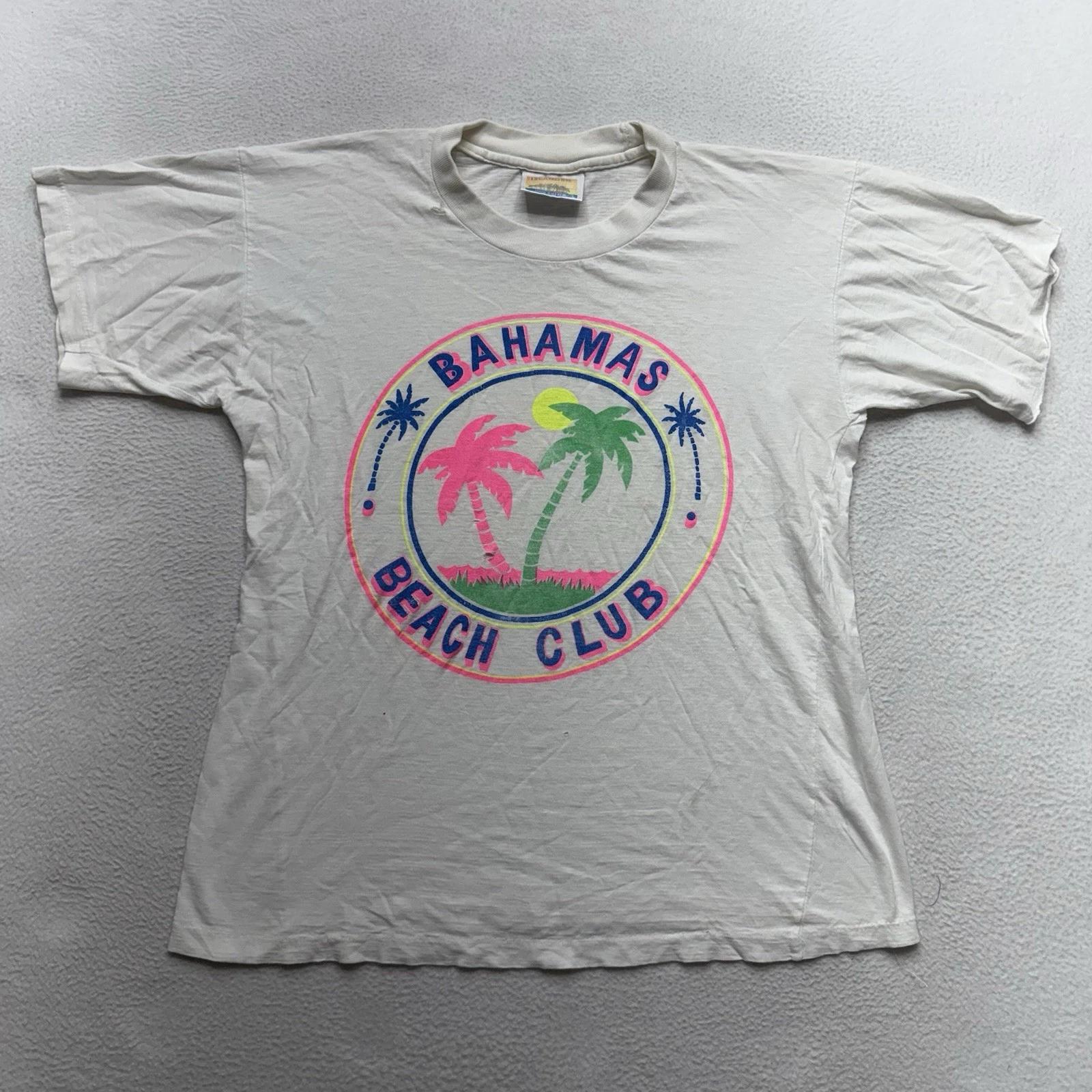 Vtg Bahama Islands Beach Club T-Shirt L Palm Trees Single Stitch Neon 90s S