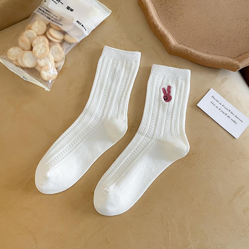 Female Spring and Autumn Solid Color Striped Bunny Embroidery Boneless Drum Pile Pile Socks