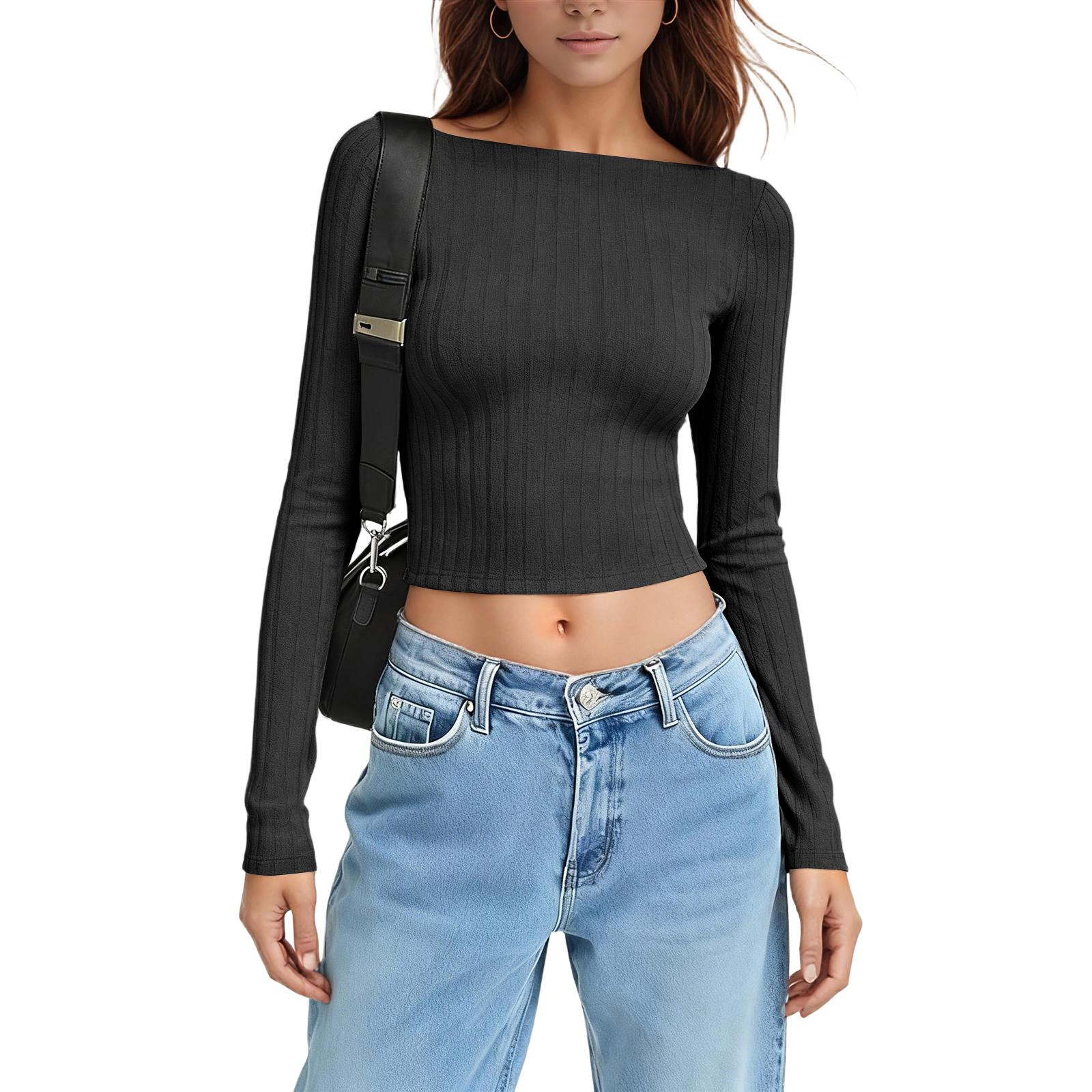 Women s Minimalist Long,Sleeve Fitted Top With Ribbed Collar XL