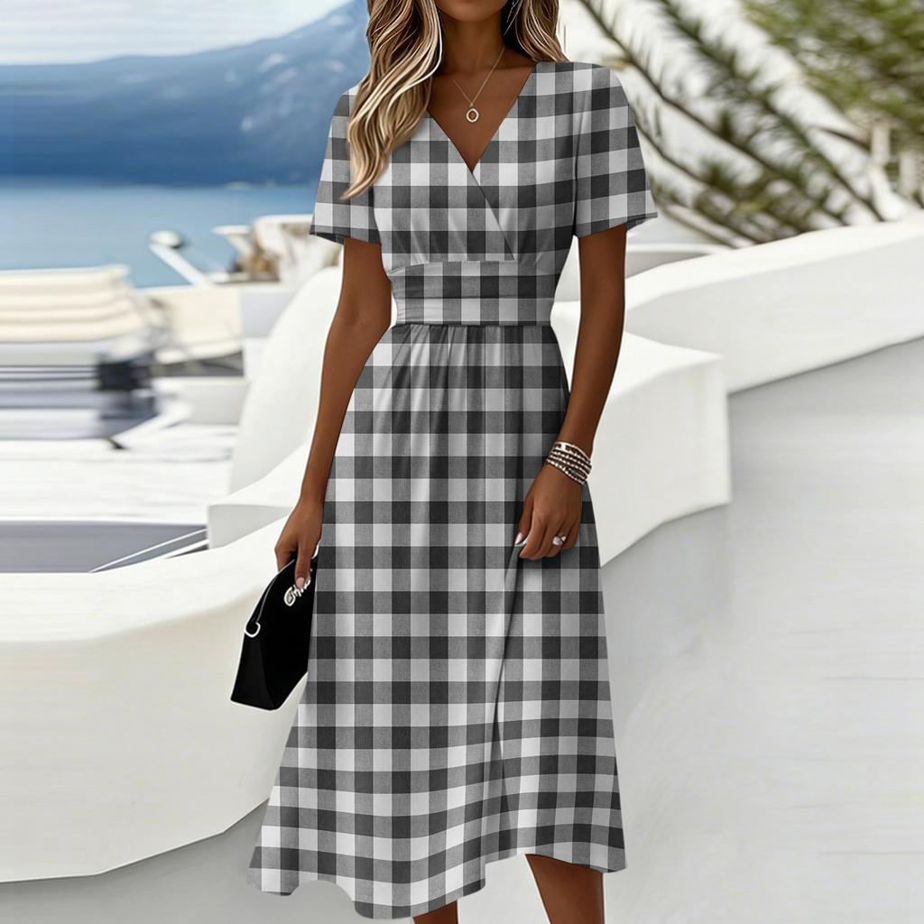 Women’s Gingham Print Casual Midi Dress with Short Sleeves V Neck and Relaxed Fit for Everyday Wear and Comfort