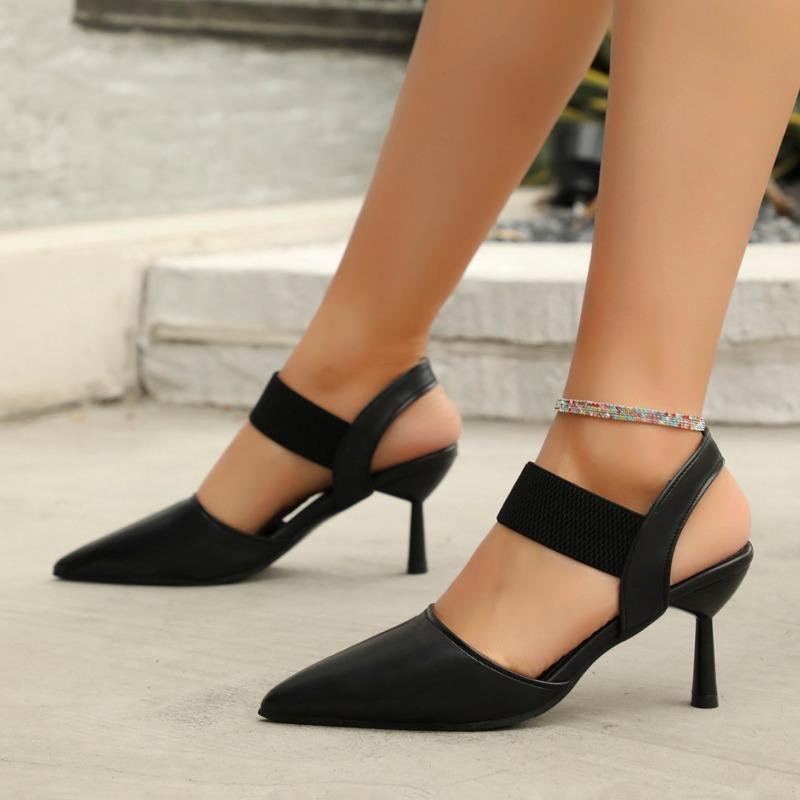 Fashion 2024 Summer New Style Shallow Mouth Elastic Sleeves Stiletto Sandals Women's Casual Fashion Pointed Toe Bao Toe Sandals