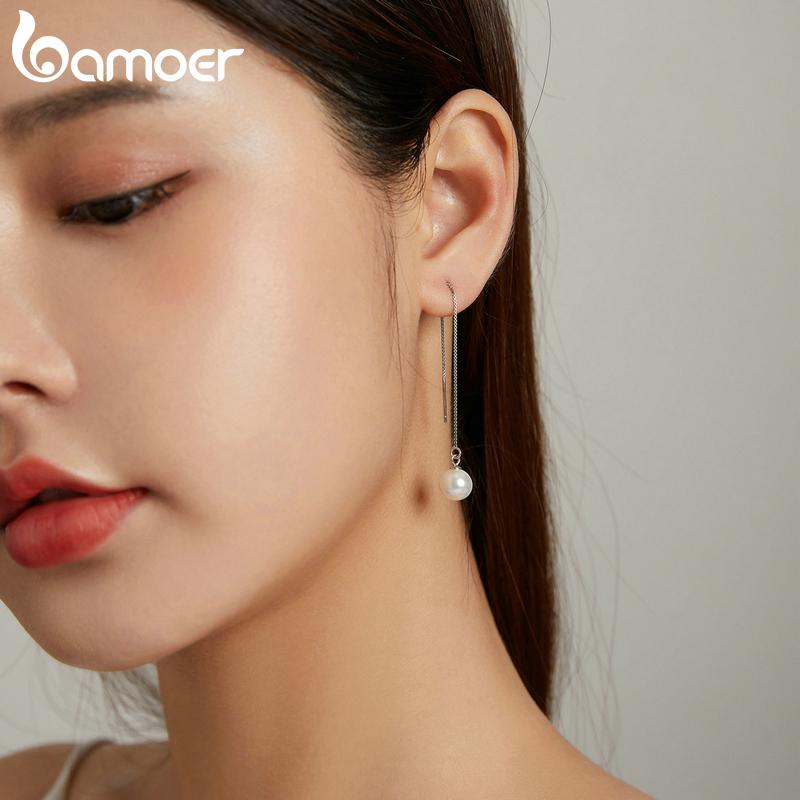 BAMOER 925 Sterling Silver Fine Jewelry Okrągły Czarny Agat Kamień Koraliki Długi Łańcuch Dangle Kolczyki