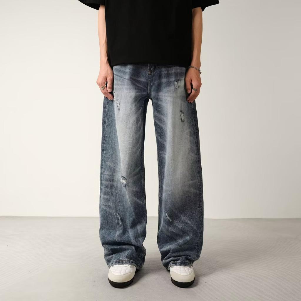 American Retro Loose Dirty Dyed Old Jeans Men's and Women's Design Sense Niche Cat Whisker Casual Straight Wide-leg Pants