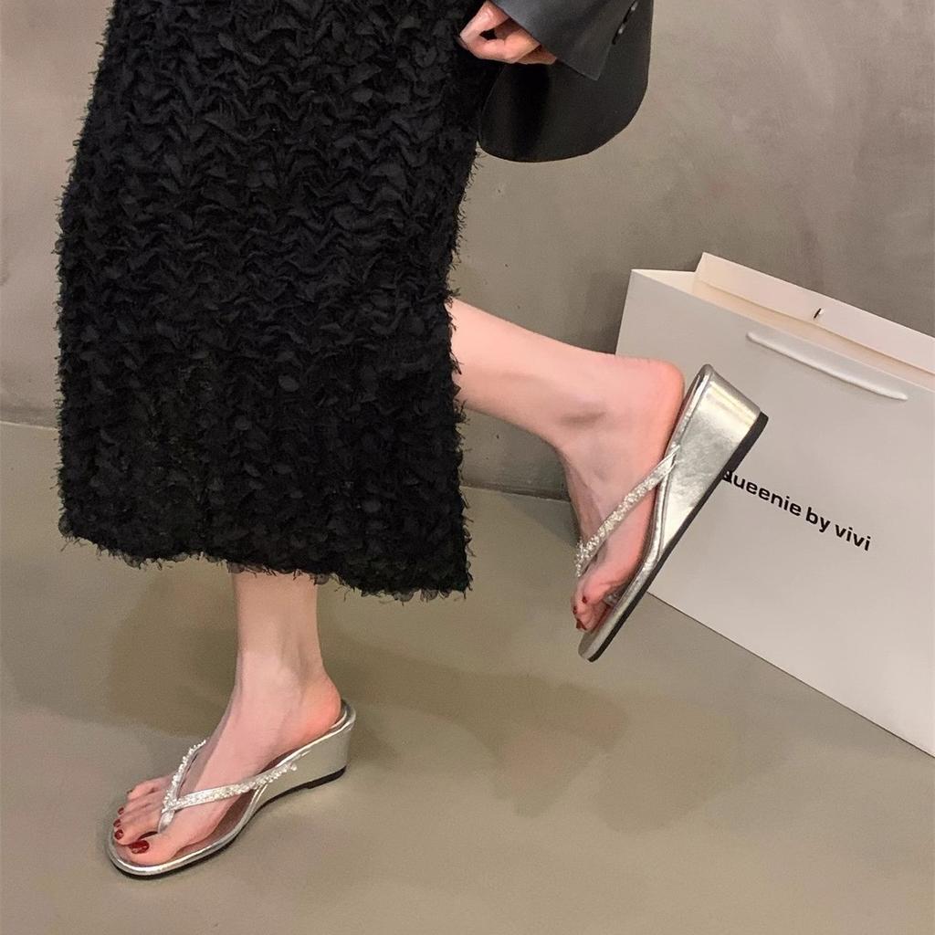 Wedge Heel High Heel Pinch Flip-flops Fairy Shoes Wear 2025 Summer Rhinestone French Silver Sandals