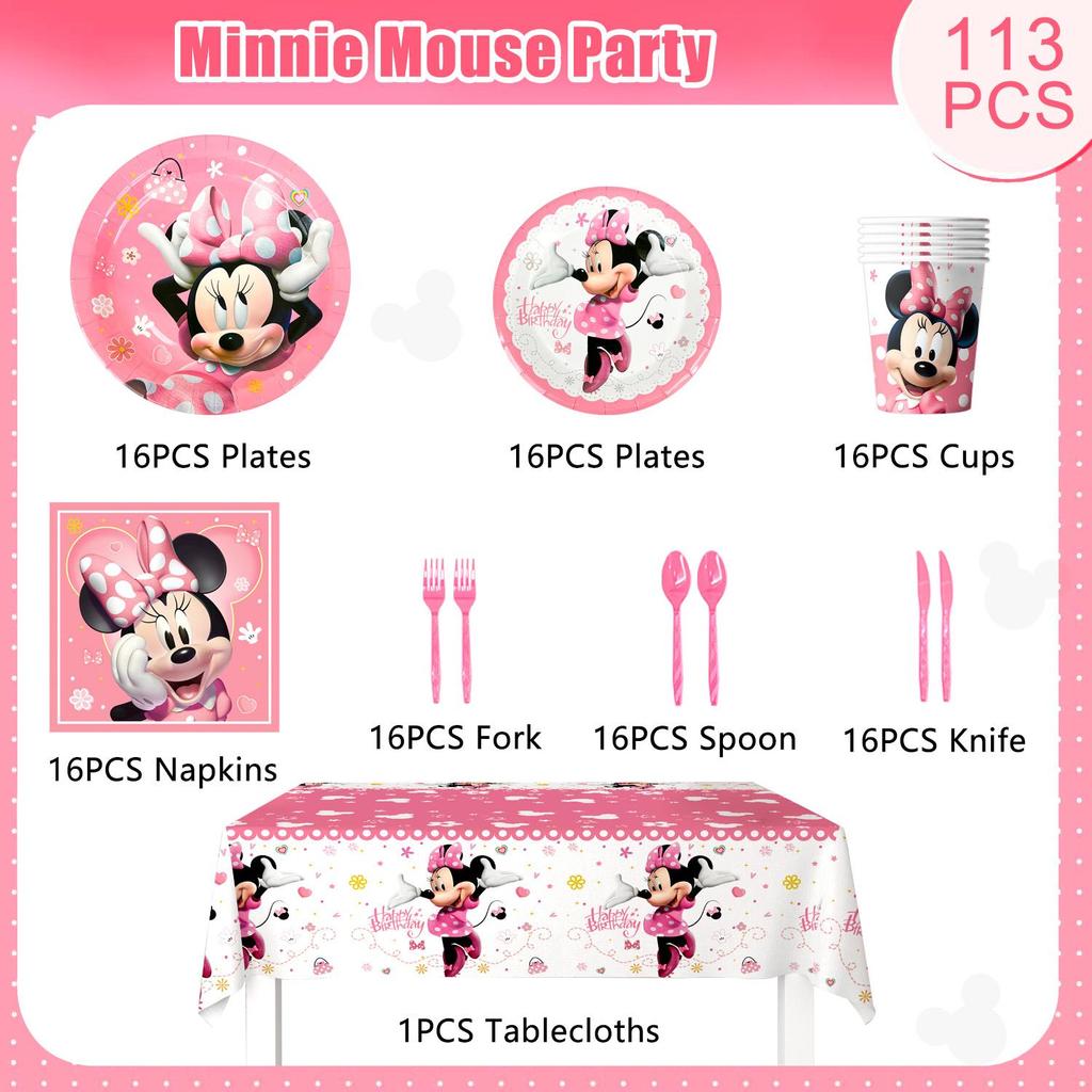 113pcs Min-nie Birthday Party Supplies, Min-nie Mouse Party Decorations Tableware Set - Mouse Plates and Napkins Cups Table Cloth etc