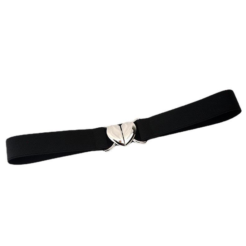 Women's Love Buckle Skinny Belt - Elastic Waistband for Dresses, Narrow Leather Cinch, Black