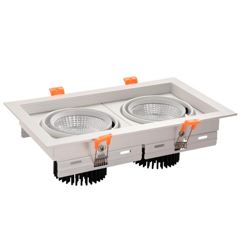 LED Double Head Spotlight: Embedded Grille, Single or Triple Head, Square Cylinder Design - Ideal for Living Room or Commercial Spaces.