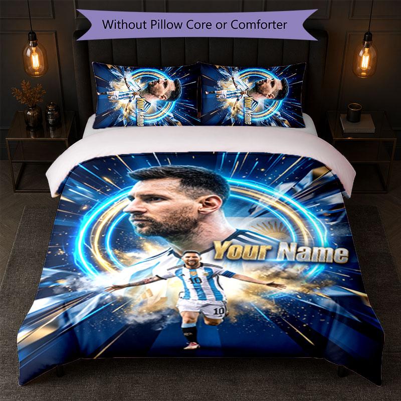 Set Biancheria da Letto Personalizzato con Nome Lionel Messi 1 Copripiumino+2 Federe Logo Calcio Regalo Personalizzato per Occasioni Speciali Decorazione Camera da Letto