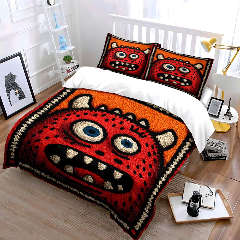 Red Monster Cartoon Design Bedding Duvet Cover Set (1*Duvet Cover 2*Pillowcases, without duvet insert)
