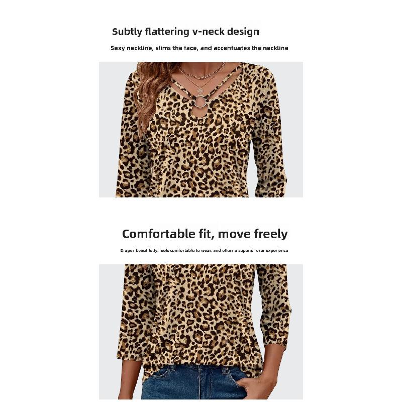 Spring new fashion simple leopard print top casual trendy three-quarter sleeve T-shirt