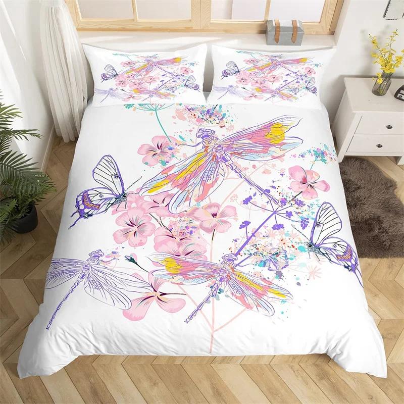 Dragonfly Duvet Cover King Butterfly Flower Leaves Bedding Set Microfiber Nature Animals Plants Quilt Cover For Teens Girls Room