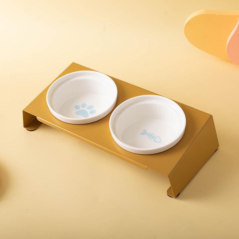 Cartoon Pet Dog Cat Bowl Ceramic Bowl Iron Frame Table Into A Kitten Skid Resistant Double Bowl Small Dog Food Feeder